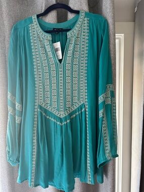 Tolani Embroidered Boho Peasant Tunic Top Teal XL NWT MSRP $175